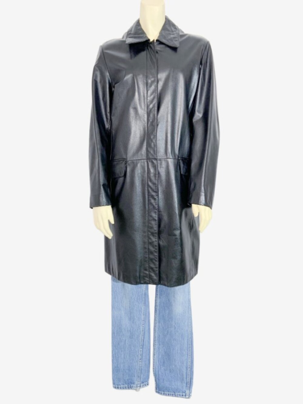 Vintage Long-Line Black Leather Coat / Made in Canada / size Small